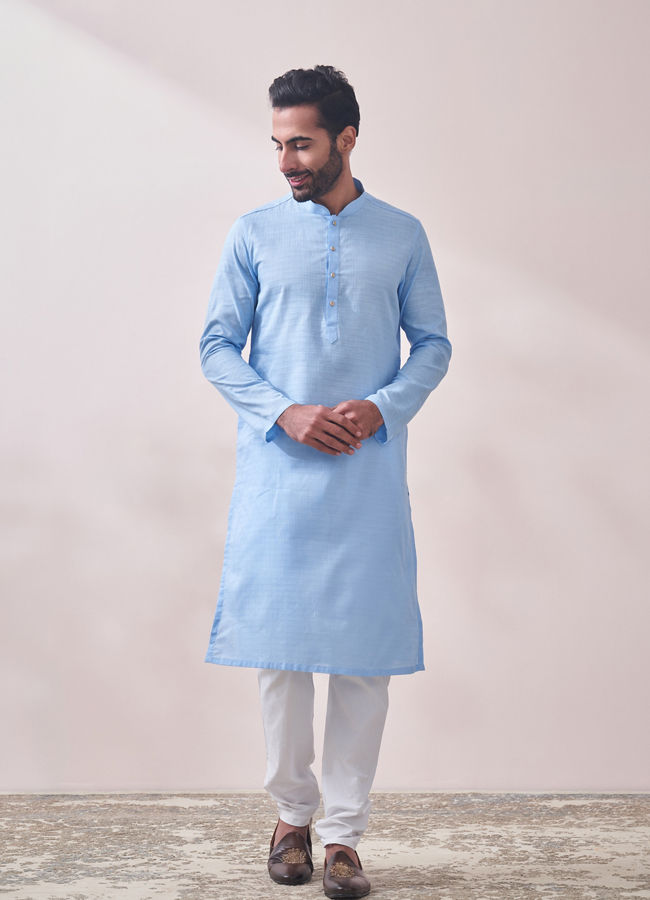 alt message - Manyavar Men Midnight Blue Chikanakri Kurta Set image number 1