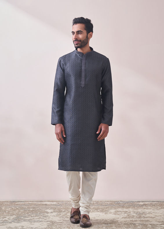 Manyavar Men Dusky Grey Jacquard Kurta Set