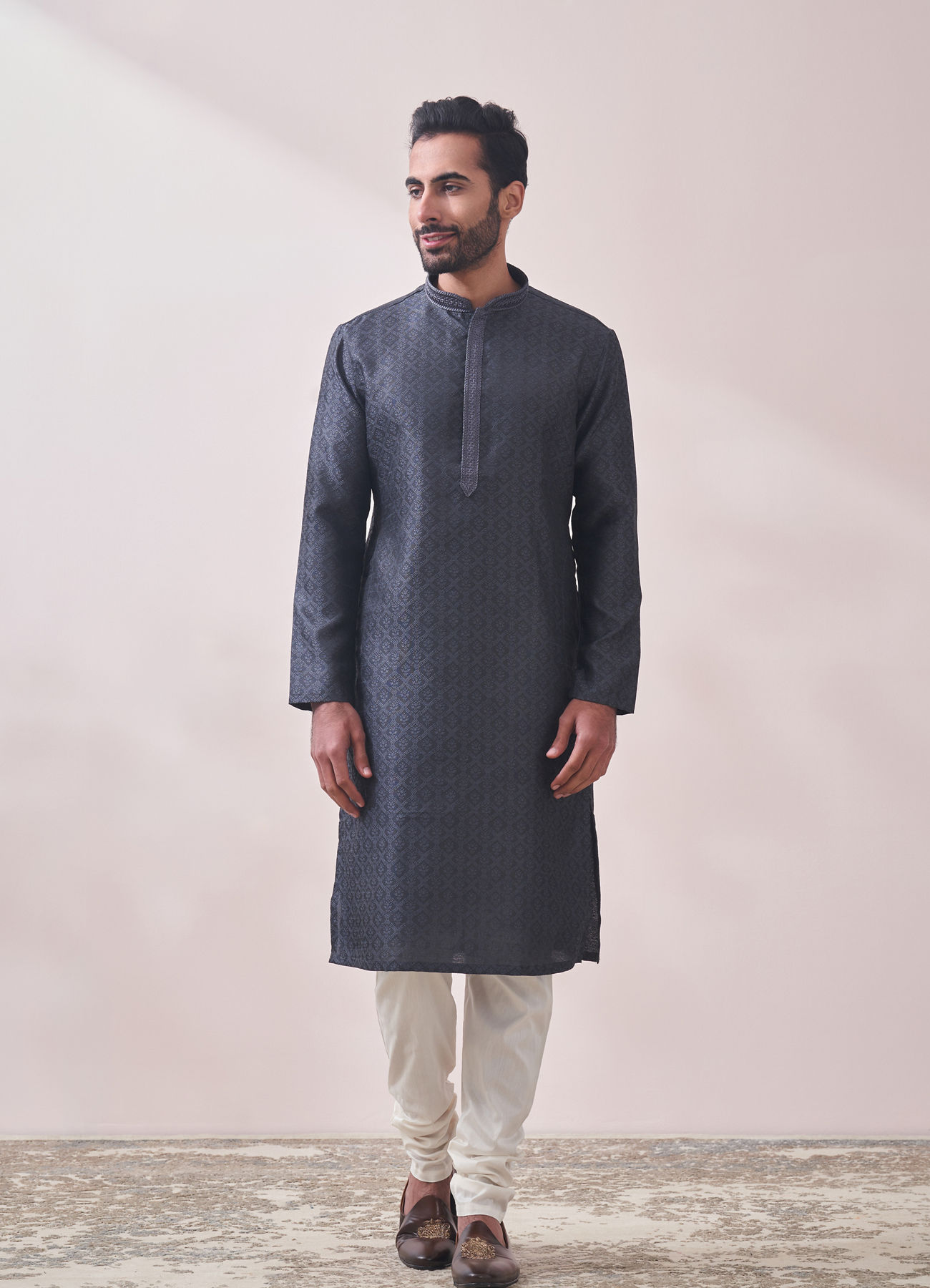 Manyavar Men Dusky Grey Jacquard Kurta Set