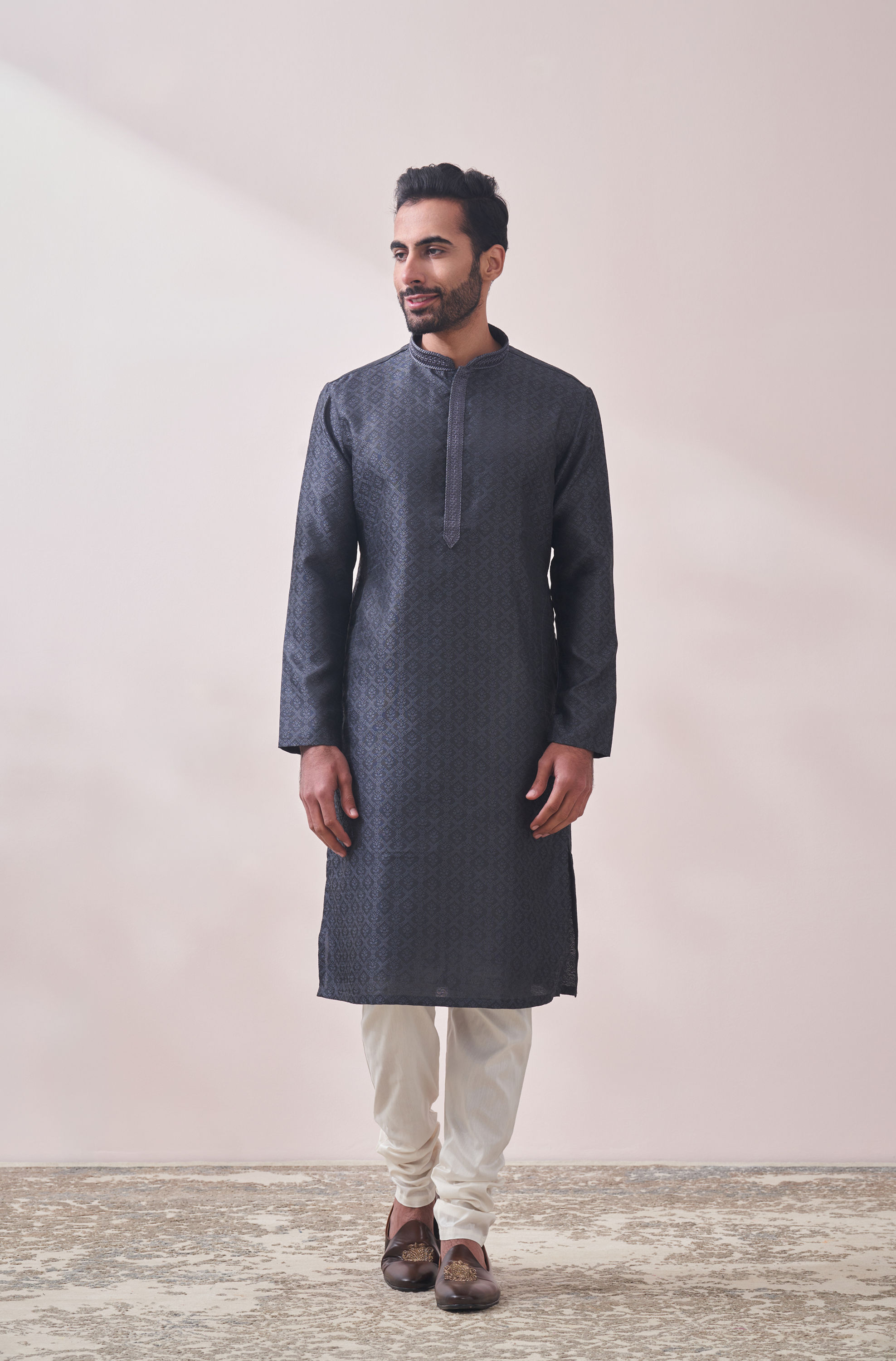 Manyavar Men Dusky Grey Jacquard Kurta Set