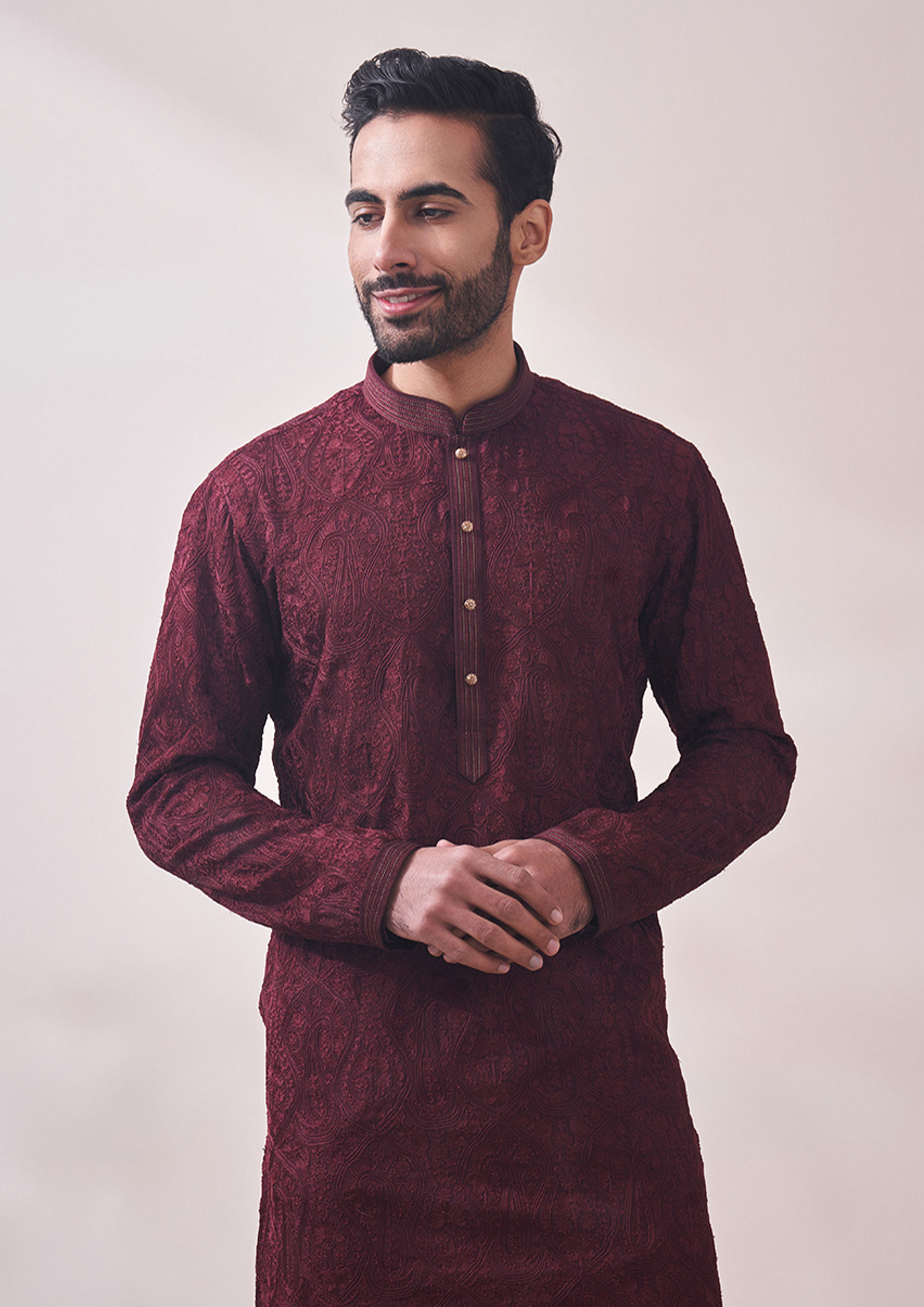 alt message - Twamev Men Berry Wine Kurta Set image number 0