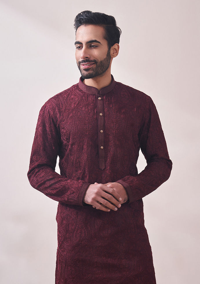 Twamev Men Berry Wine Kurta Set