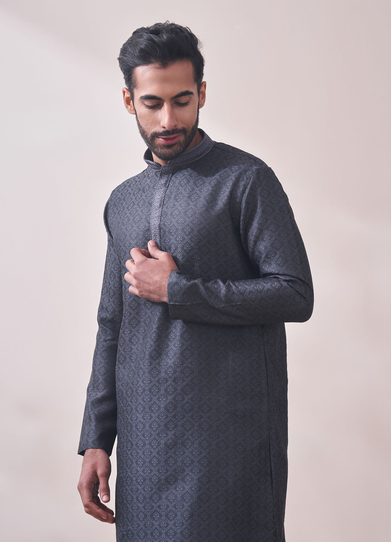 Manyavar Men Dusky Grey Jacquard Kurta Set