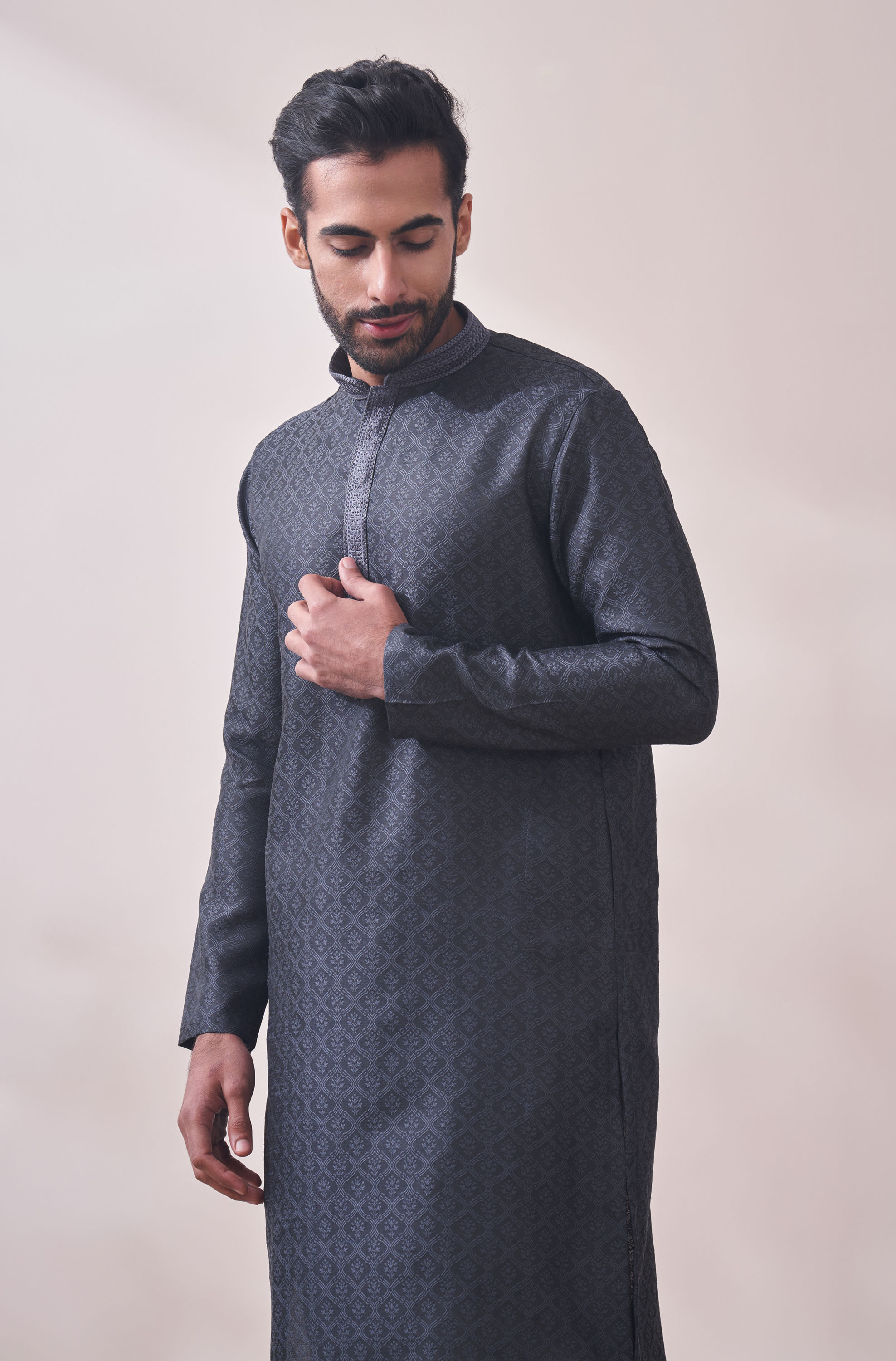 Manyavar Men Dusky Grey Jacquard Kurta Set