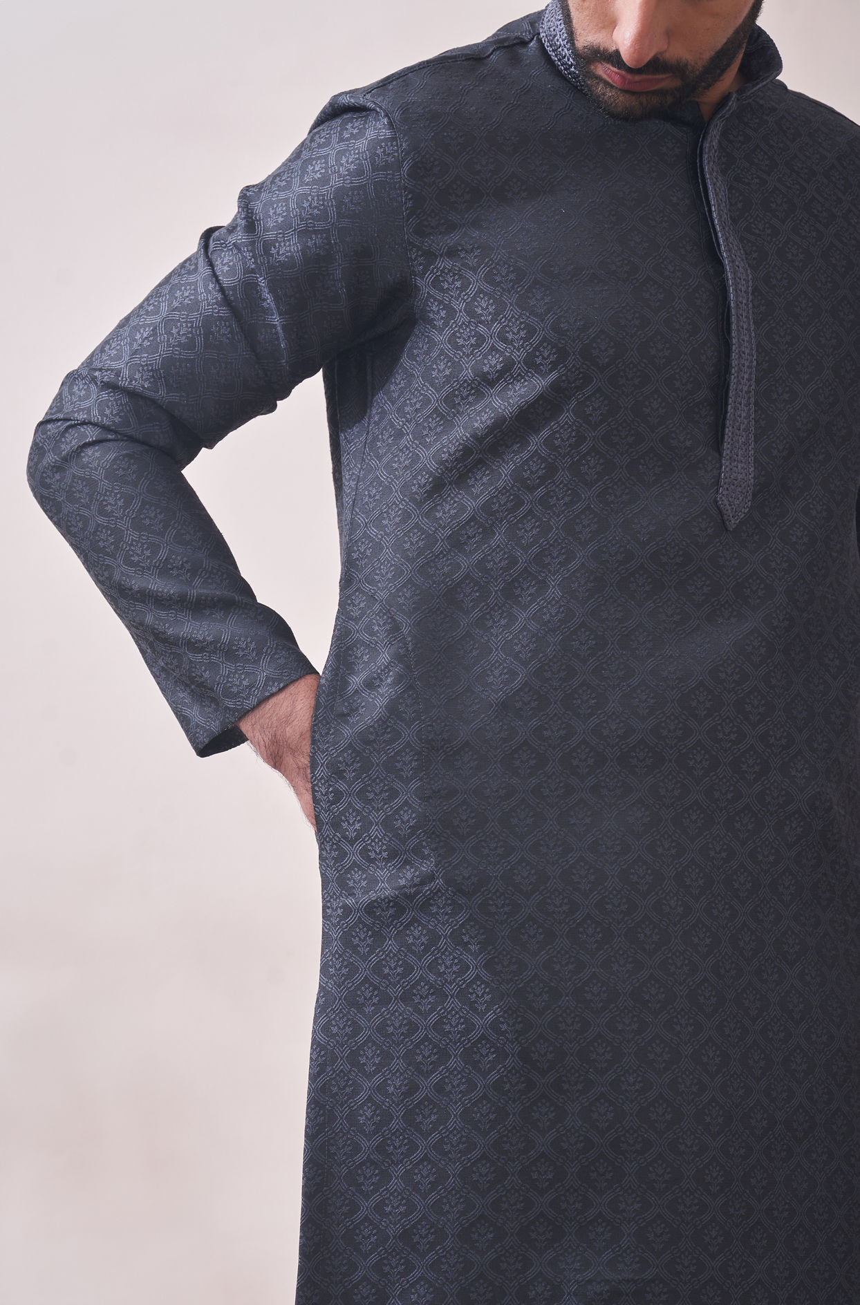 Manyavar Men Dusky Grey Jacquard Kurta Set