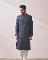 Manyavar Men Light Grey Self Design Kurta Set