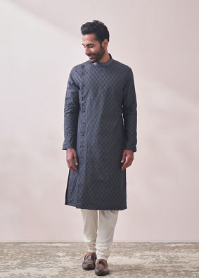 Manyavar Men Light Grey Self Design Kurta Set
