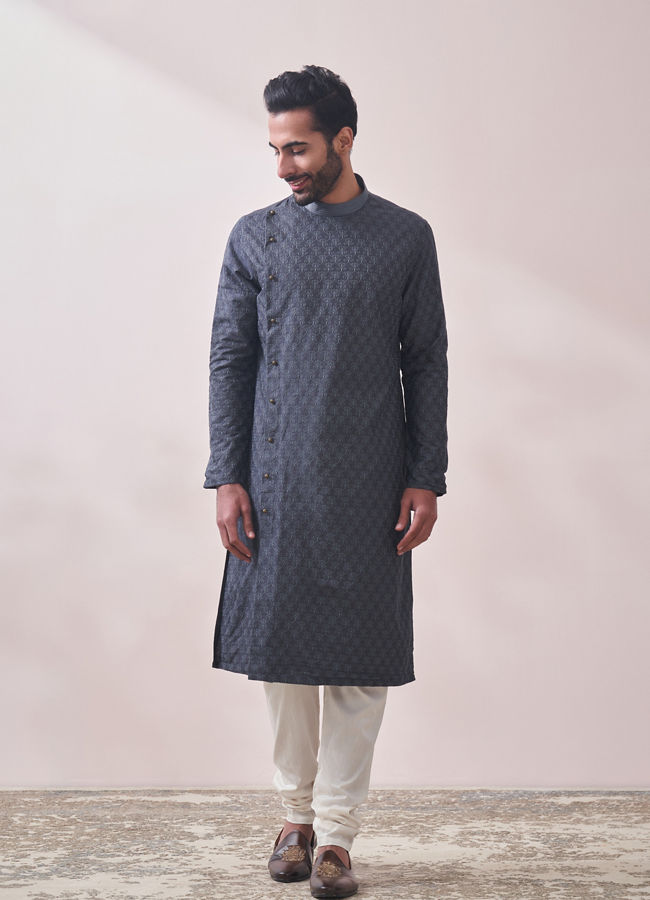 alt message - Manyavar Men Light Grey Self Design Kurta Set image number 1