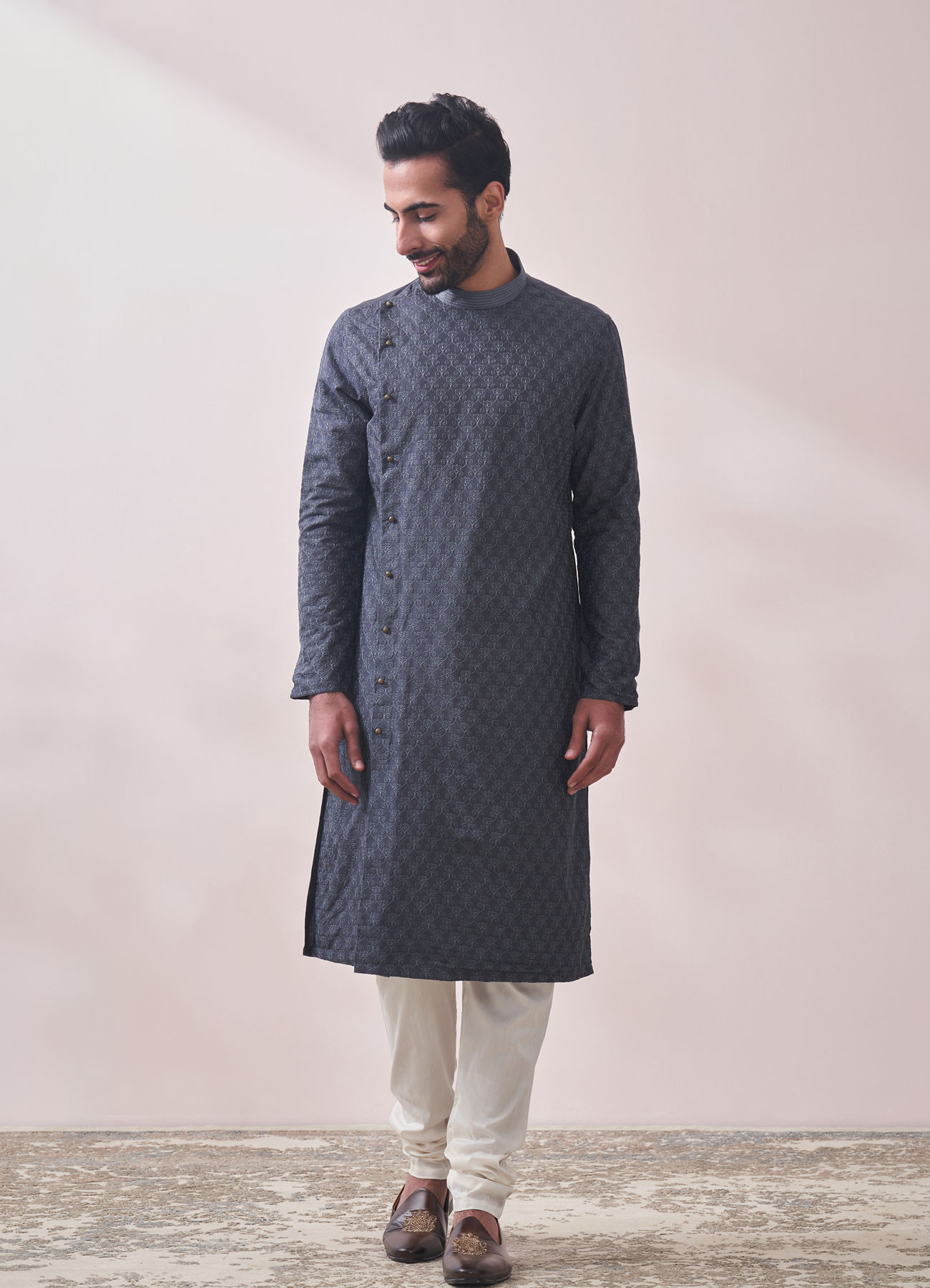 Manyavar Men Light Grey Self Design Kurta Set