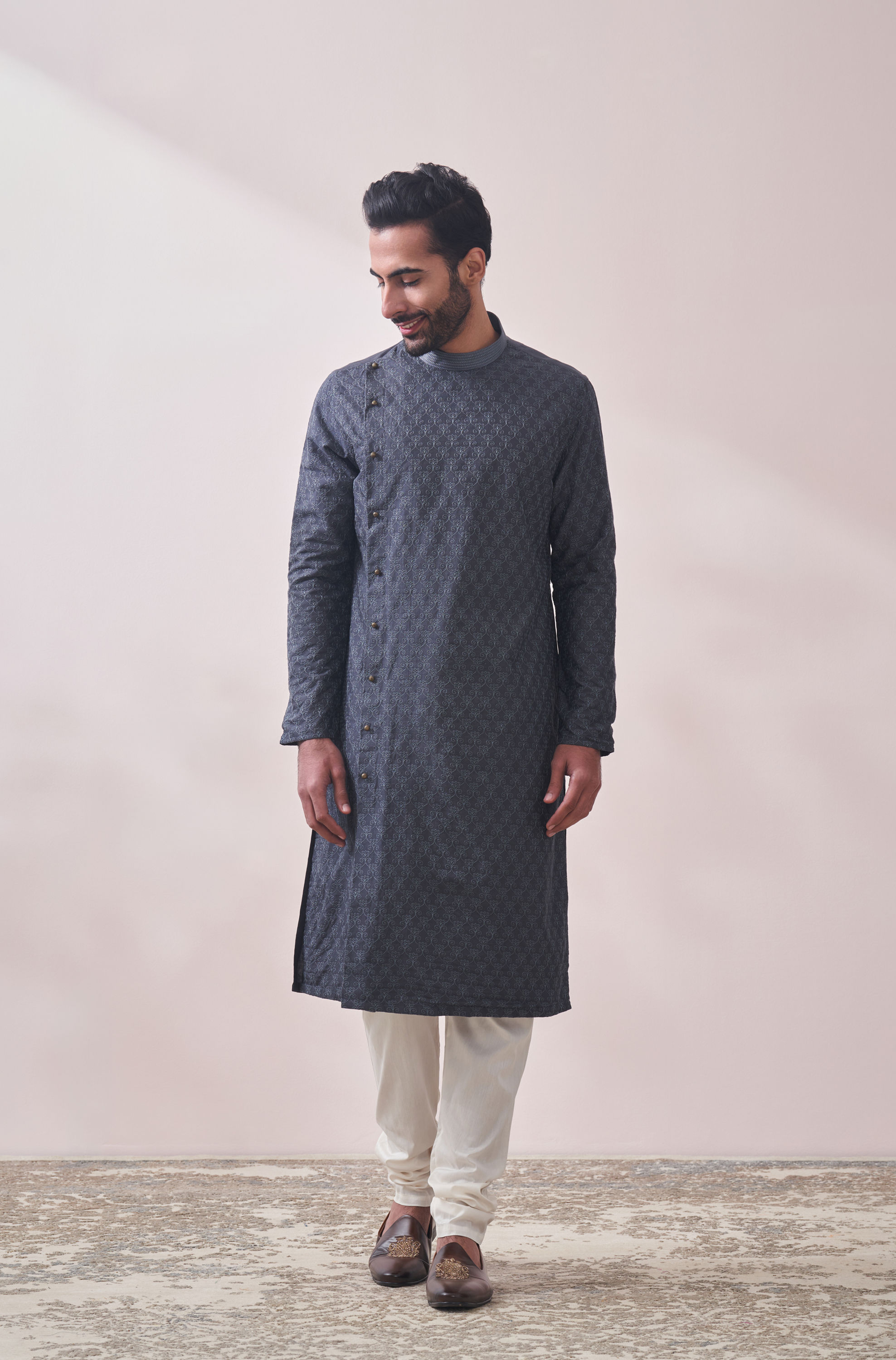 Manyavar Men Light Grey Self Design Kurta Set