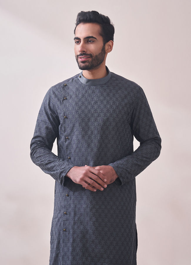 alt message - Manyavar Men Light Grey Self Design Kurta Set image number 0