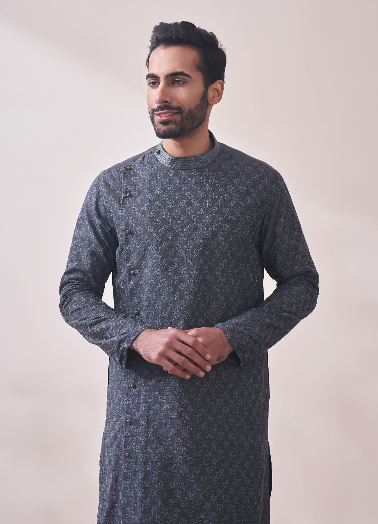 Manyavar Men Light Grey Self Design Kurta Set