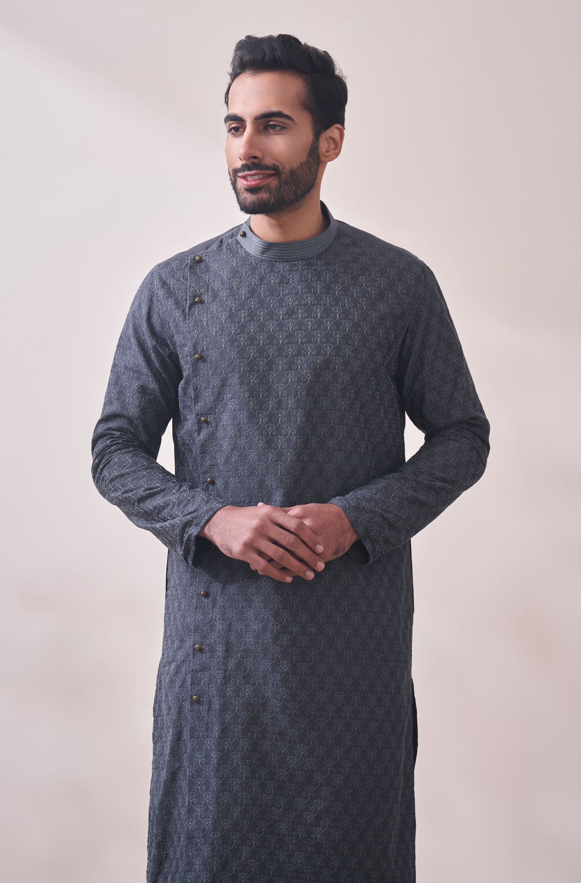 Manyavar Men Light Grey Self Design Kurta Set