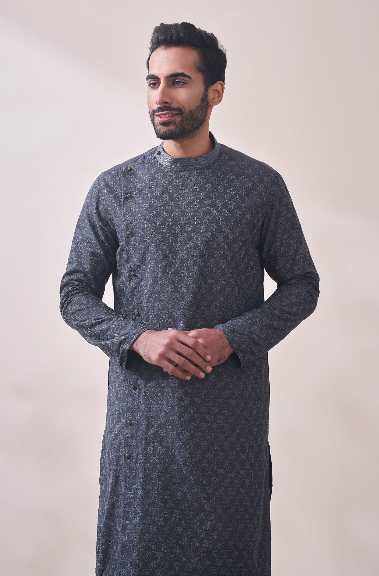 Manyavar Men Light Grey Self Design Kurta Set