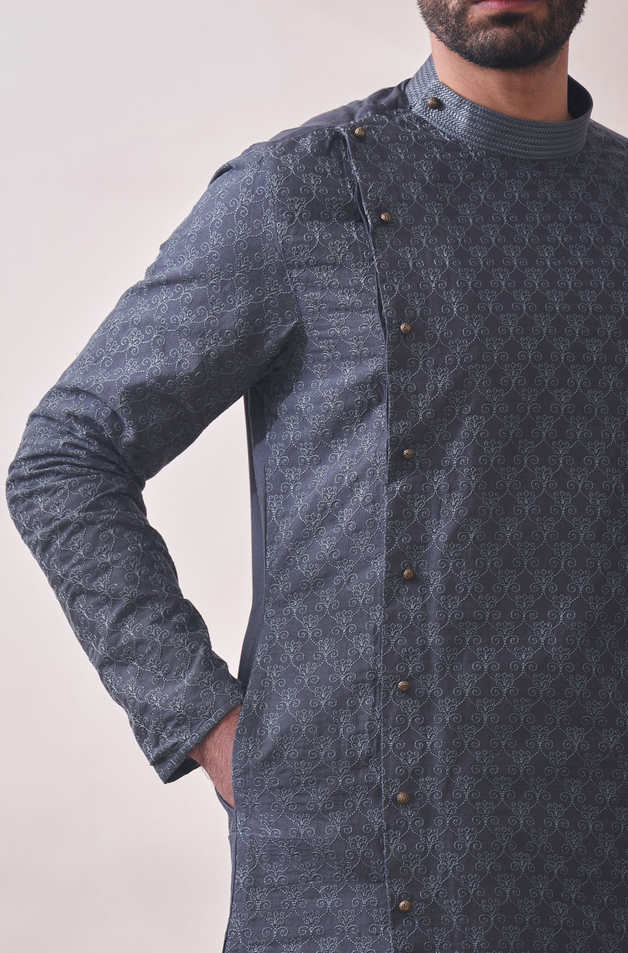 Manyavar Men Light Grey Self Design Kurta Set