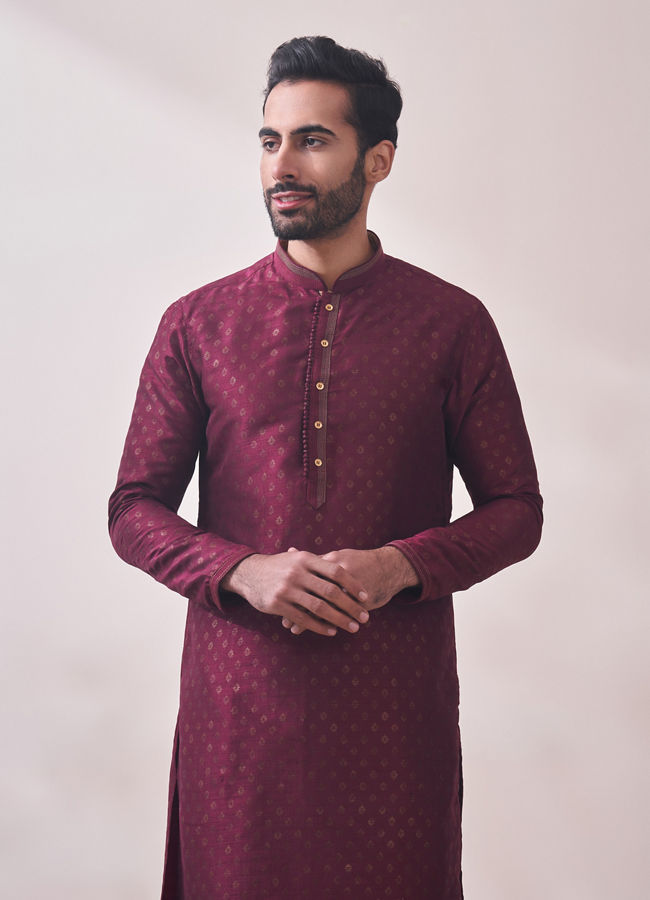 alt message - Manyavar Men Royal Maroon Printed Kurta Set image number 0