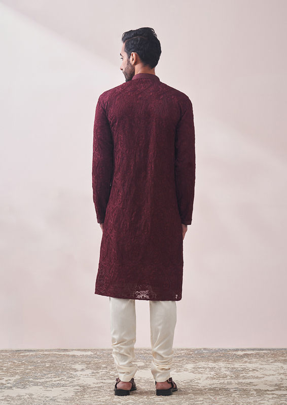 alt message - Twamev Men Berry Wine Kurta Set image number 3