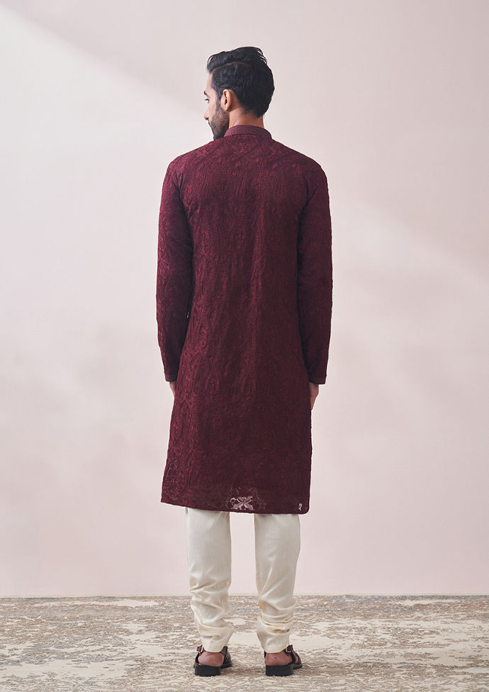 Twamev Men Berry Wine Kurta Set