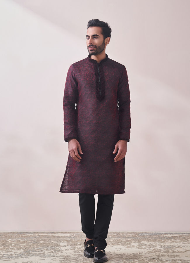 alt message - Manyavar Men Classy Maroon Kurta Set image number 1