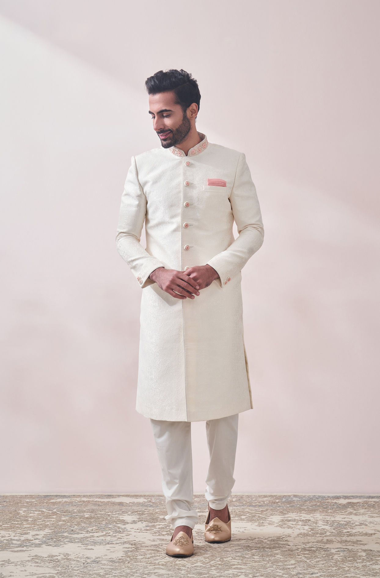 alt message - Manyavar Men Plush Off White Sherwani image number 1