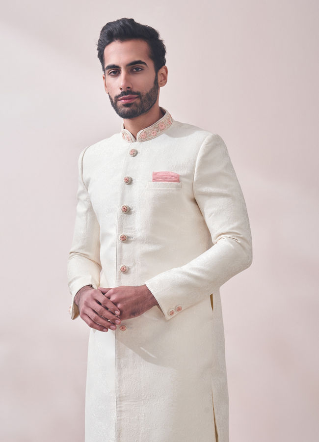 alt message - Manyavar Men Plush Off White Sherwani image number 0