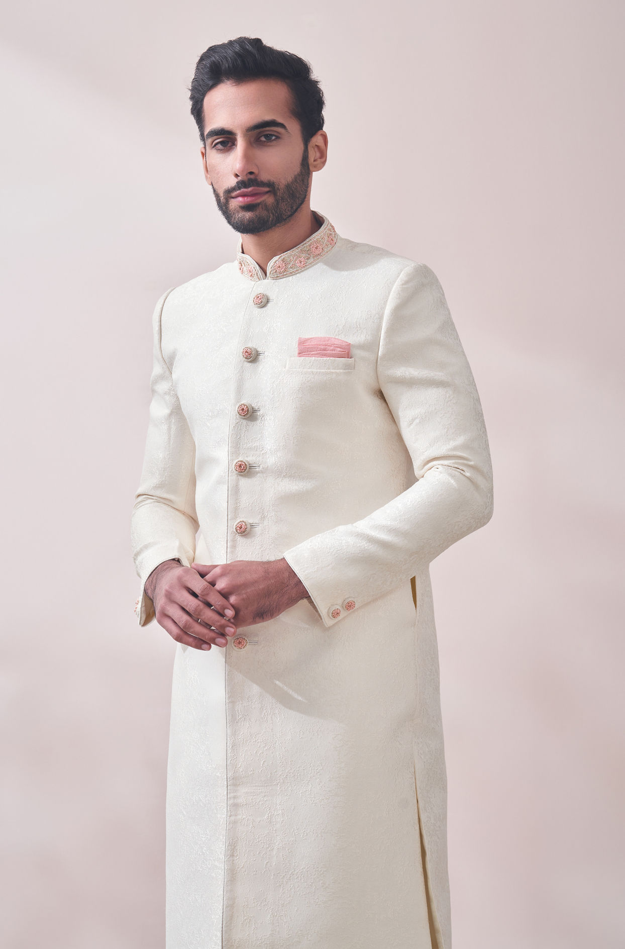 alt message - Manyavar Men Plush Off White Sherwani image number 0