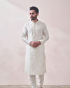 Manyavar Men Warm White Solid Kurta Set with Embroidered Collar