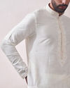 Manyavar Men Warm White Solid Kurta Set with Embroidered Collar