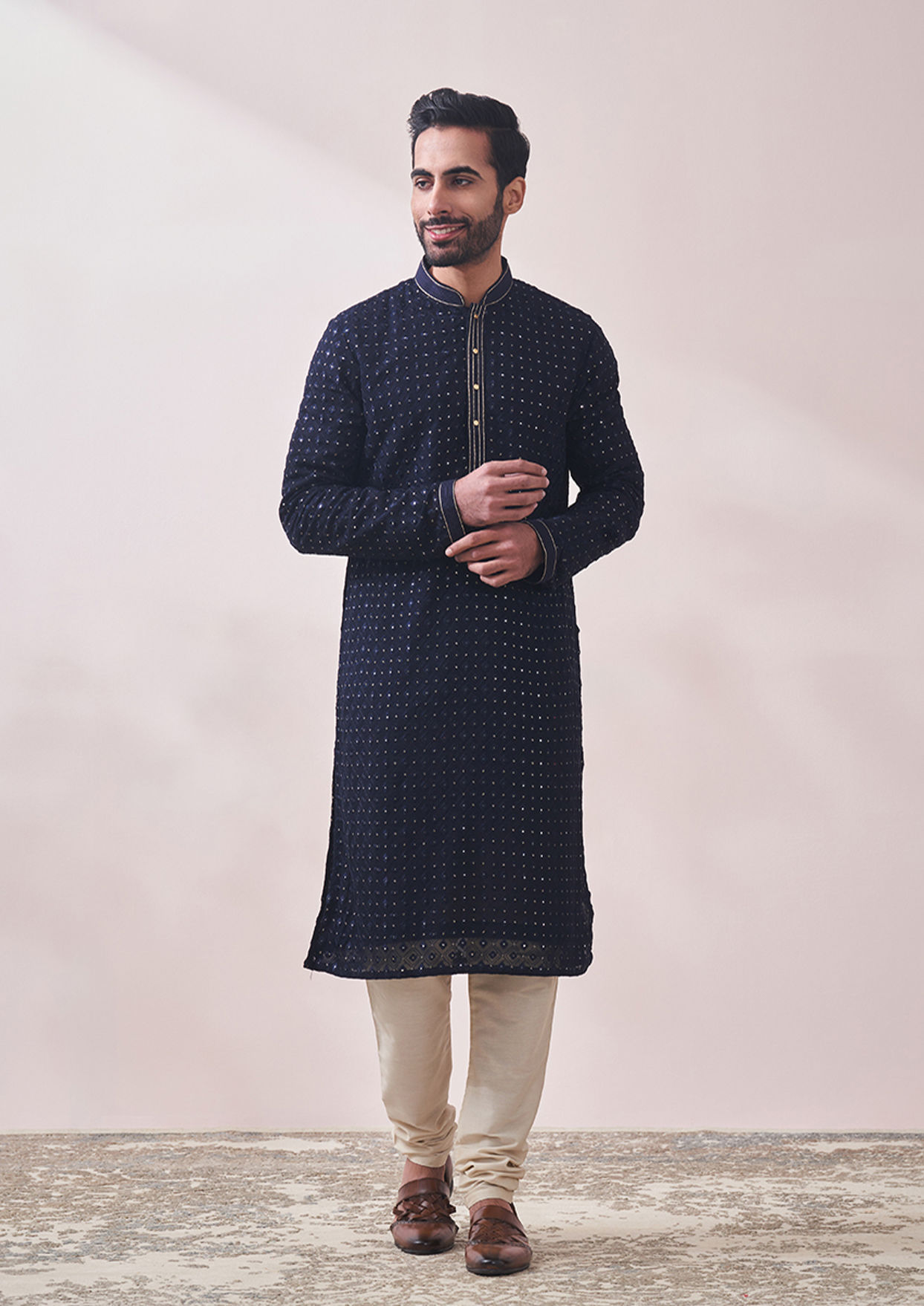 alt message - Twamev Men Deep Blue Chikankari Kurta Set image number 1