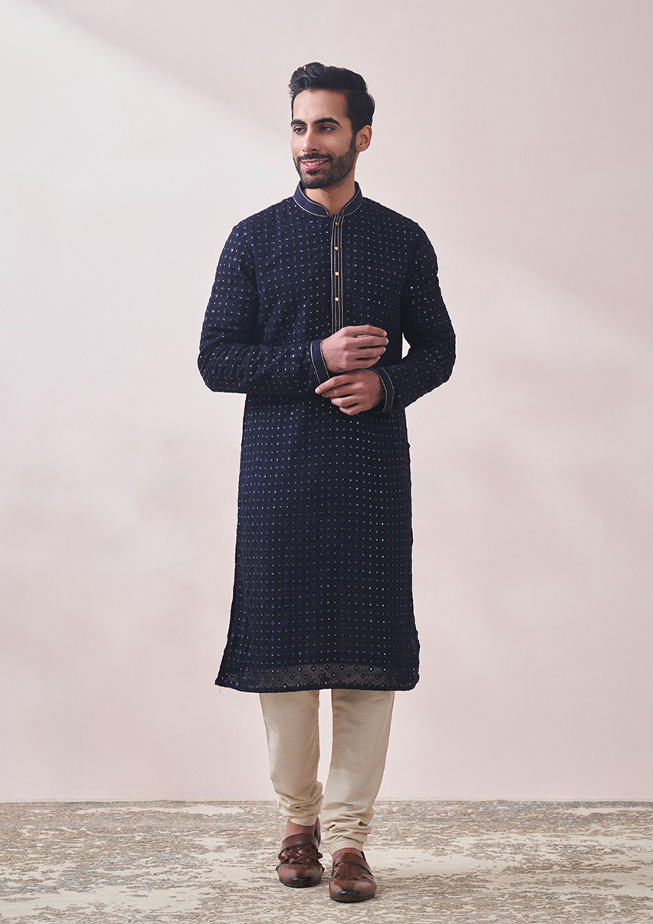 Twamev Men Deep Blue Chikankari Kurta Set