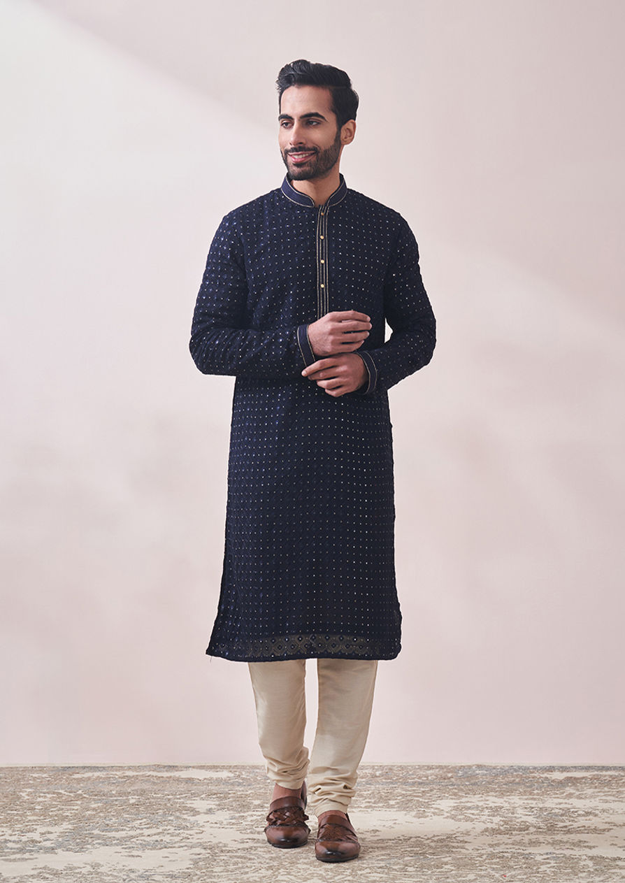 alt message - Twamev Men Deep Blue Chikankari Kurta Set image number 1