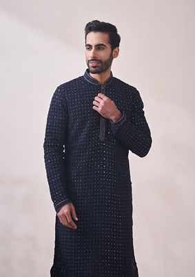 alt message - Twamev Men Deep Blue Chikankari Kurta Set image number 0