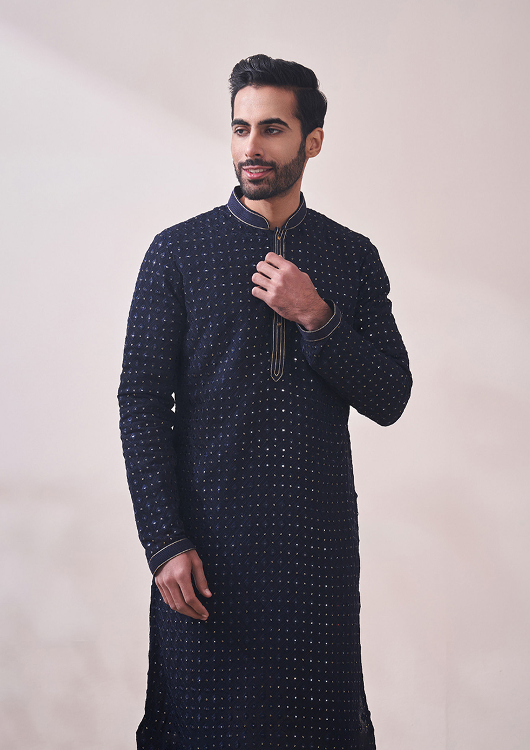 Twamev Men Deep Blue Chikankari Kurta Set