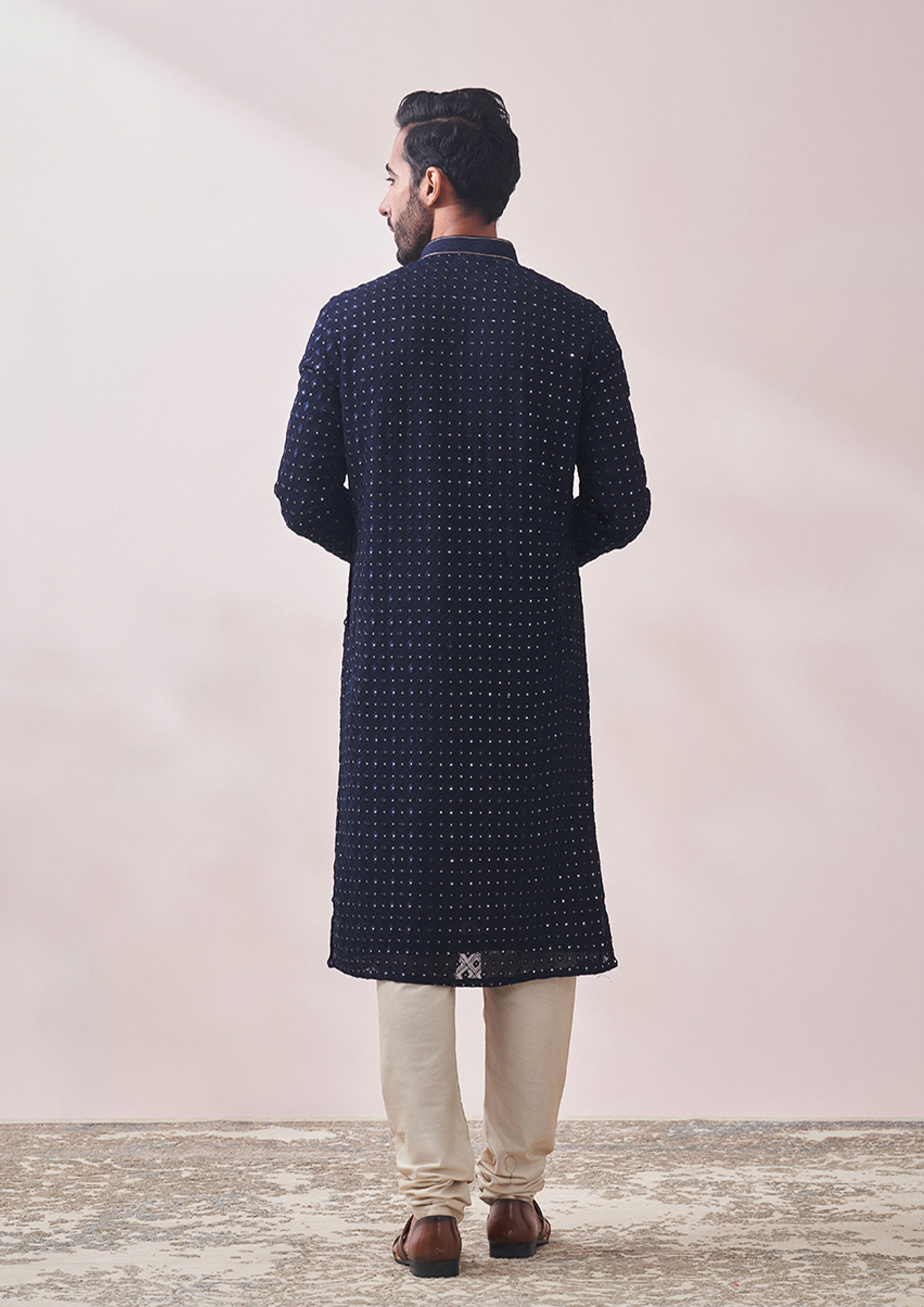 Twamev Men Deep Blue Chikankari Kurta Set