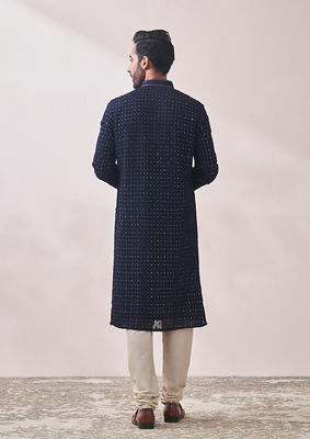 alt message - Twamev Men Deep Blue Chikankari Kurta Set image number 3