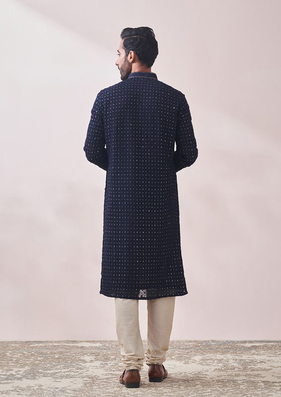 Twamev Men Deep Blue Chikankari Kurta Set