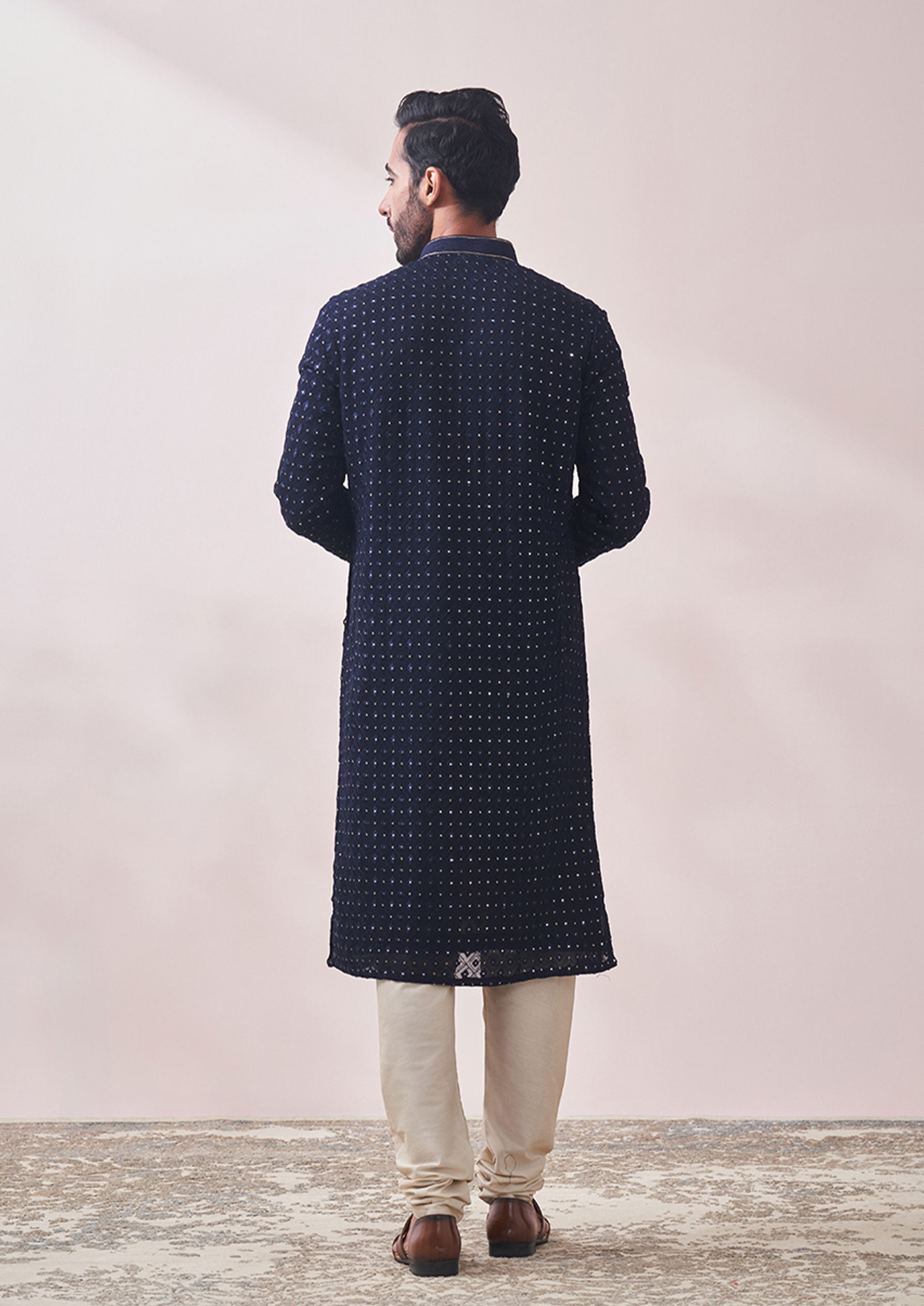 Twamev Men Deep Blue Chikankari Kurta Set