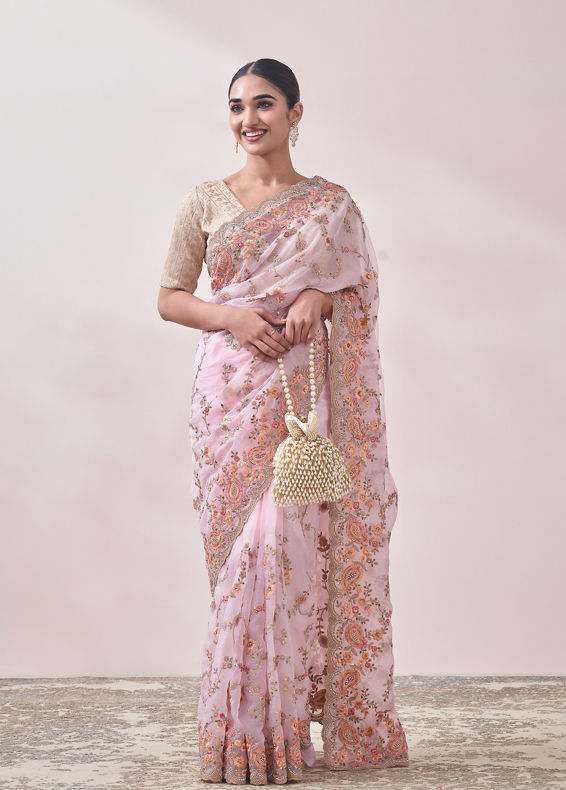Mohey Women Light Pink Floral Embroidered Saree