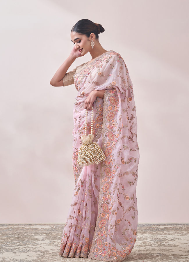 Mohey Women Light Pink Floral Embroidered Saree