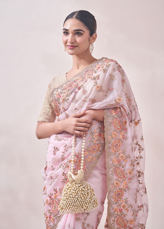 Mohey Women Light Pink Floral Embroidered Saree