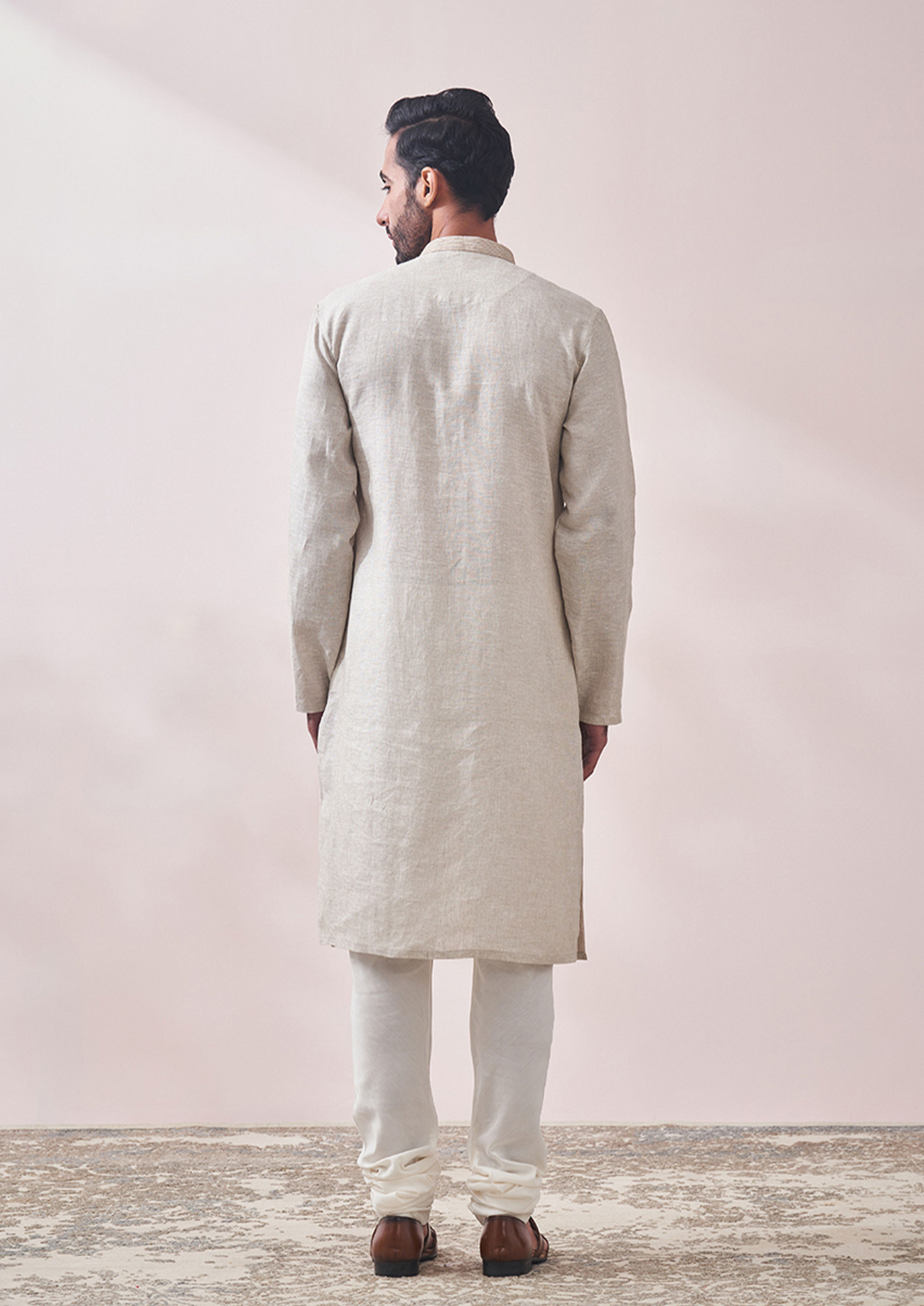 Twamev Men Ivory Cream Designed Kurta Set image number 3