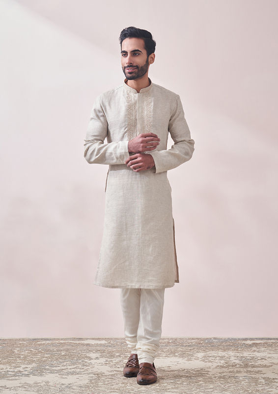 Twamev Men Ivory Cream Designed Kurta Set image number 1