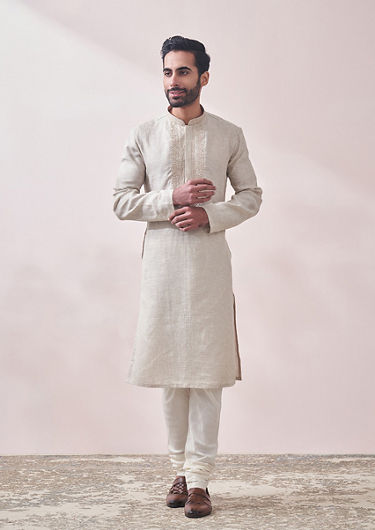 alt message - Twamev Men Ivory Cream Designed Kurta Set image number 1