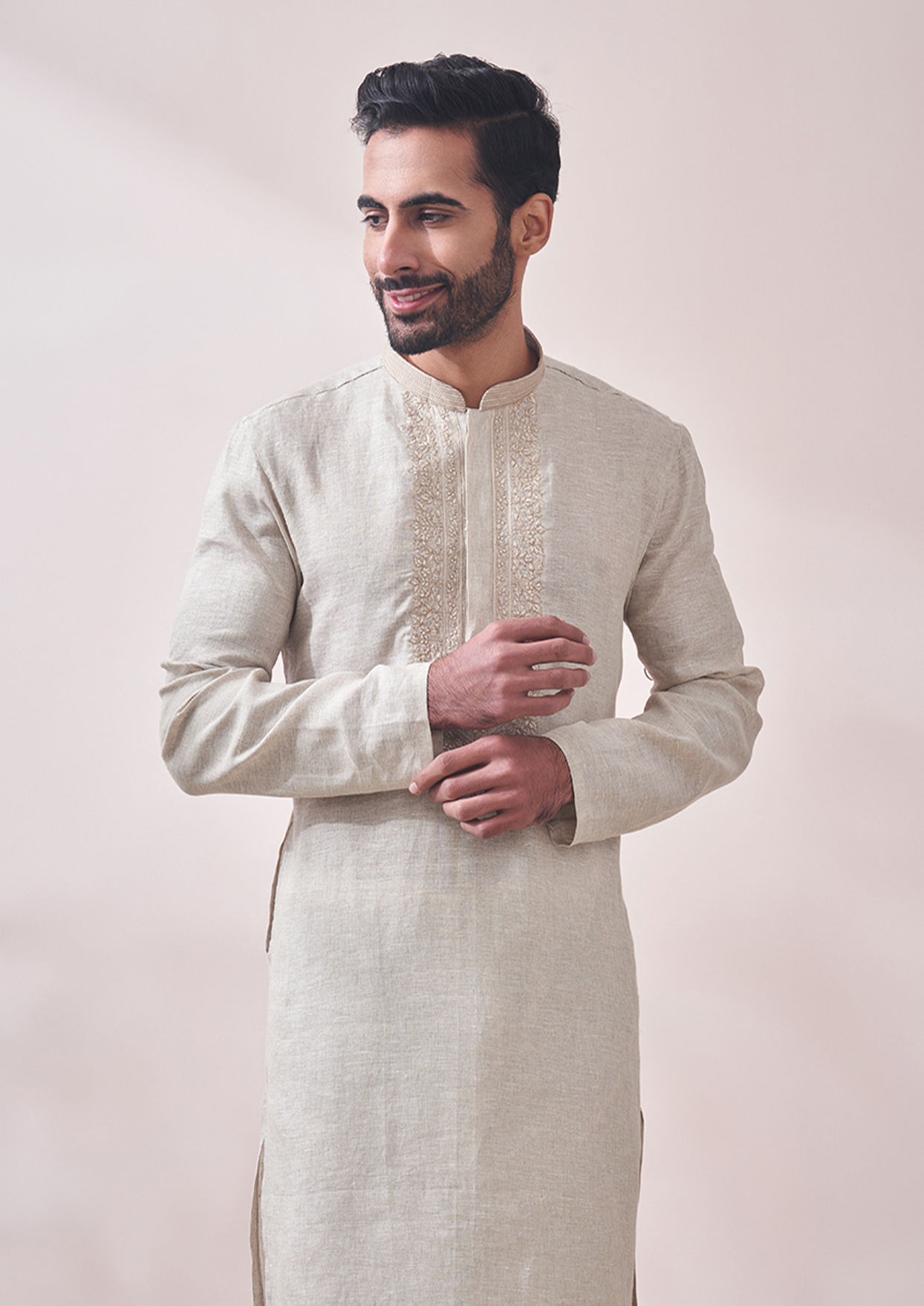 alt message - Twamev Men Ivory Cream Designed Kurta Set image number 0