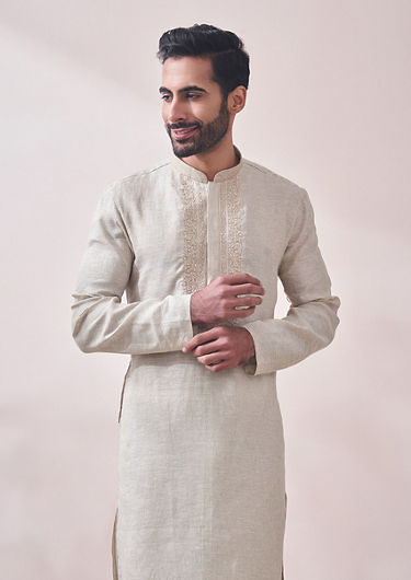 alt message - Twamev Men Ivory Cream Designed Kurta Set image number 0