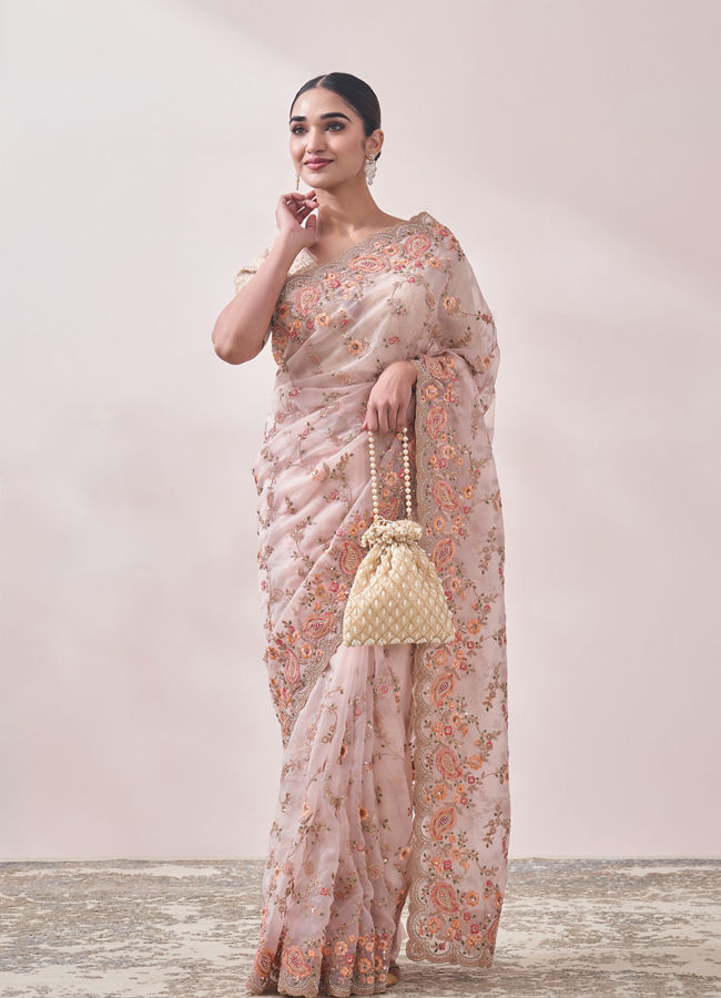 Mohey Women Light Cream Embroidered Saree