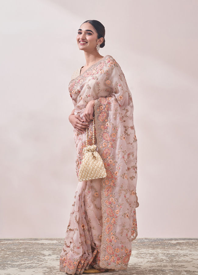 Mohey Women Light Cream Embroidered Saree