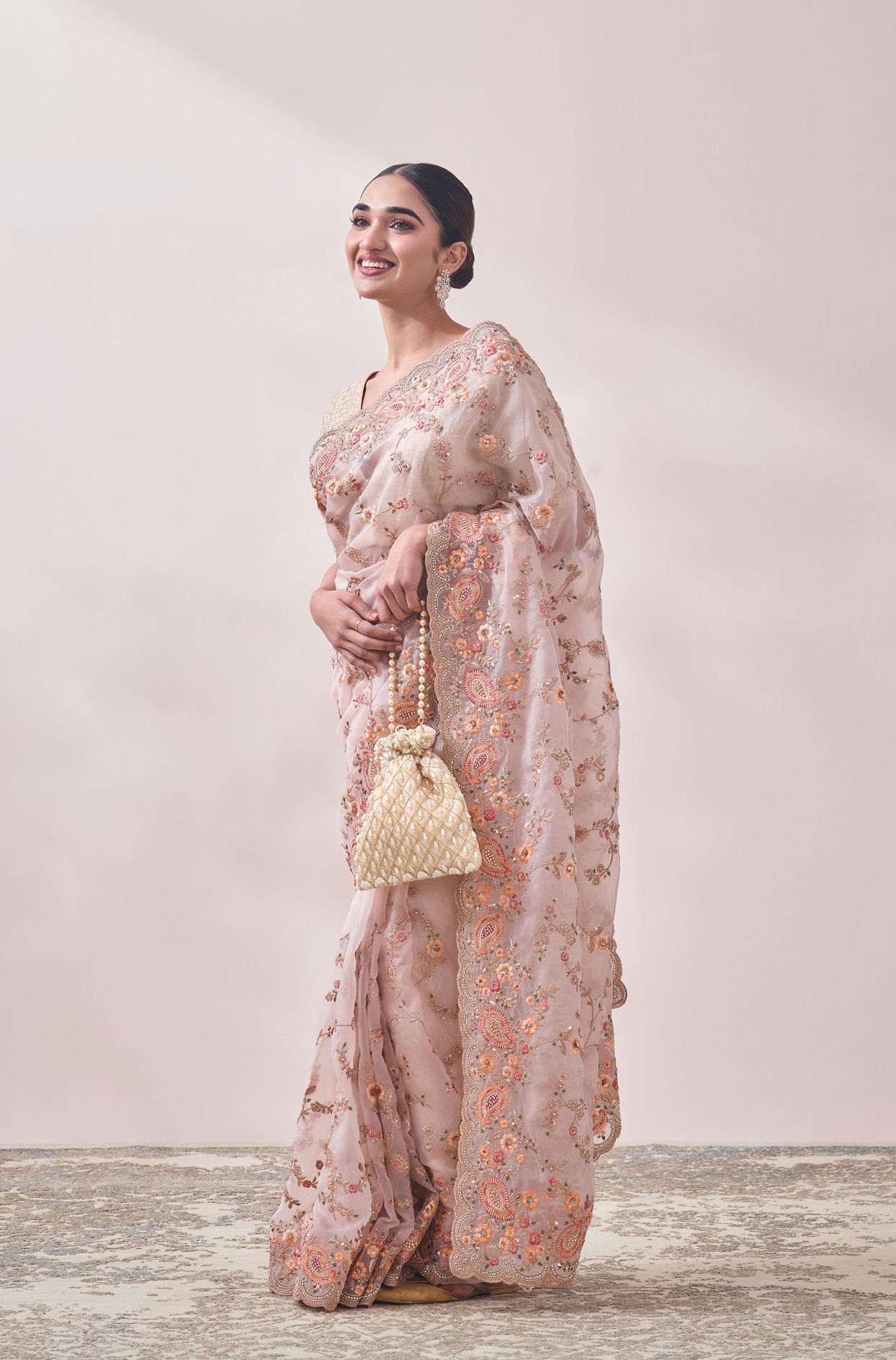 Mohey Women Light Cream Embroidered Saree