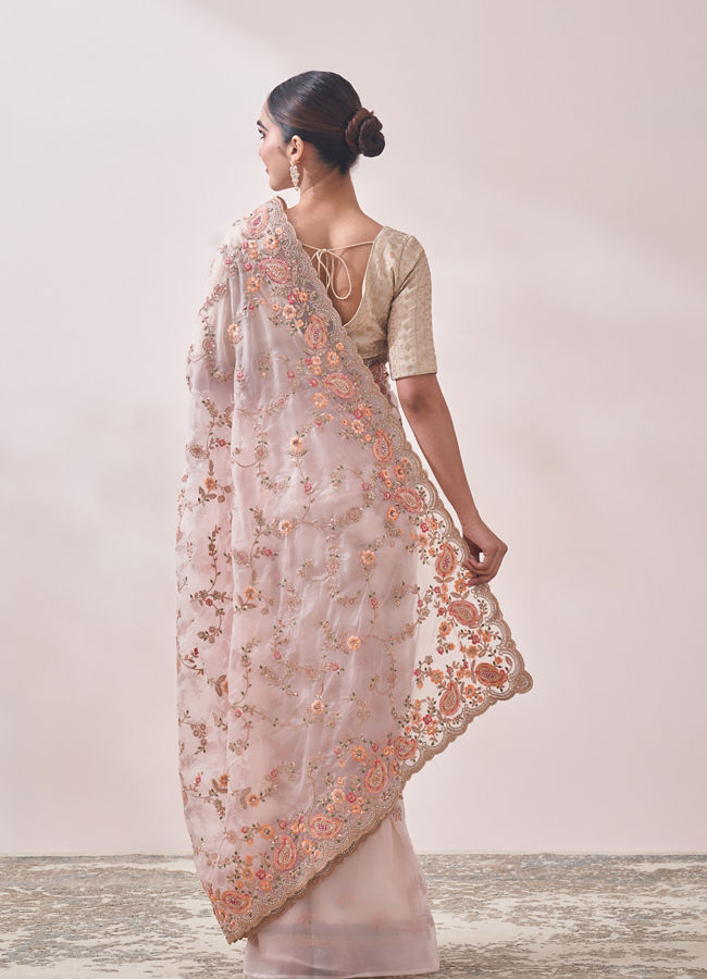 Mohey Women Light Cream Embroidered Saree