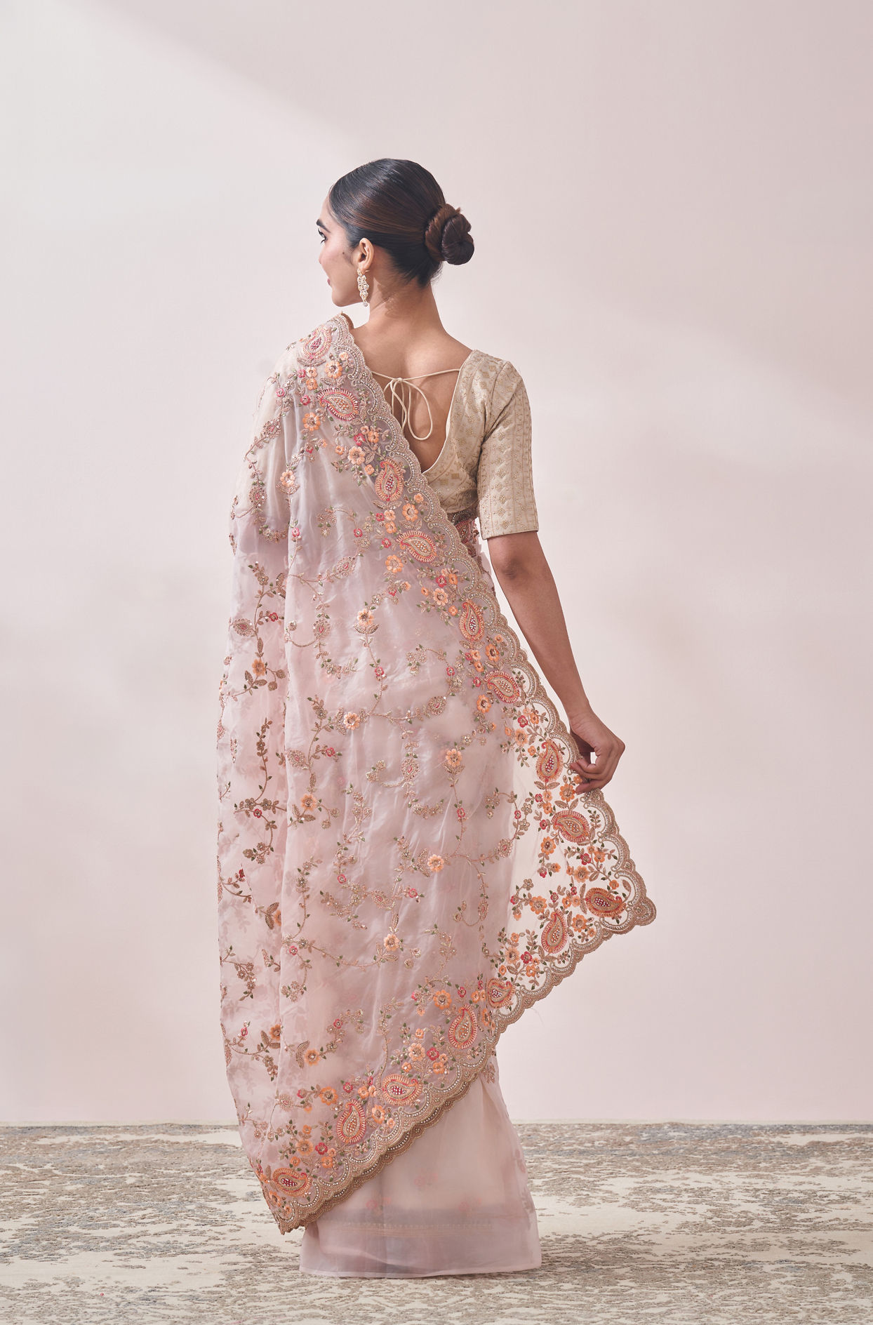 Mohey Women Light Cream Embroidered Saree